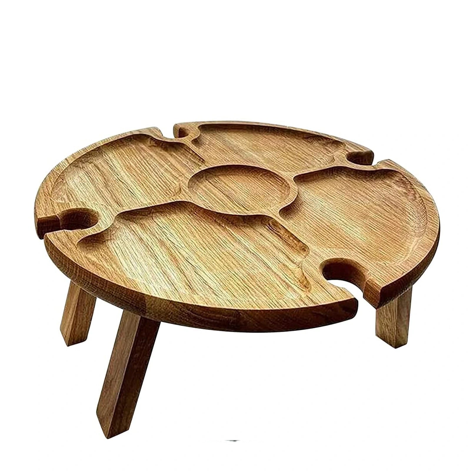 Plateau de pique-nique pliable en bois avec porte-verres – Ø 30 cm