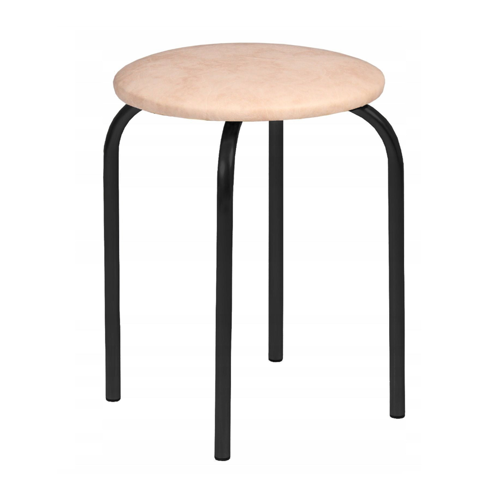 Taburet tapitat cu piele ecologica bej, picioare metalice negre, pentru bucatarie si dining, 49 cm,