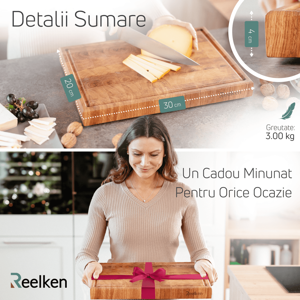 Tocator premium 30x20x4 cm - lemn stejar - Reelken