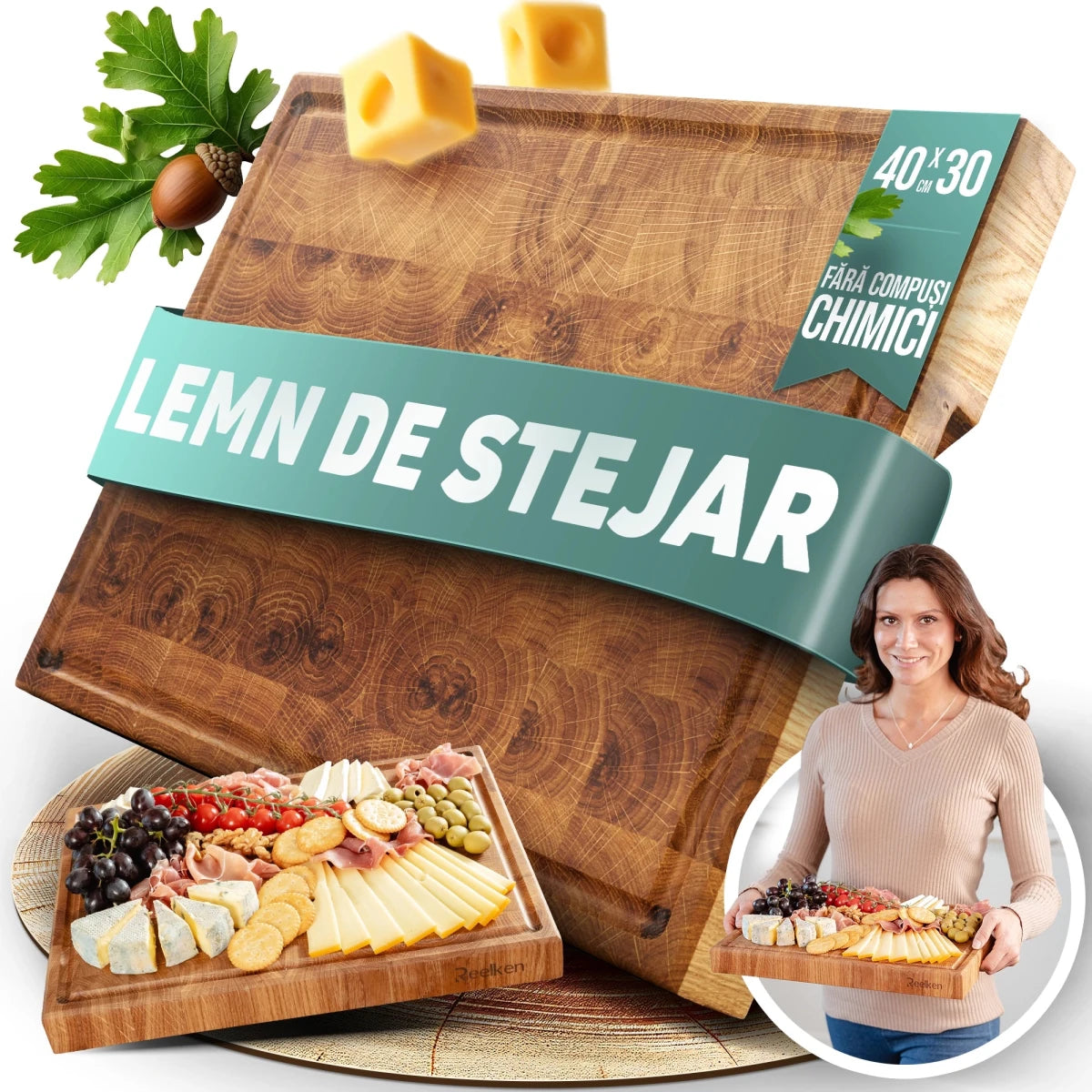 Tocator profesional 30x40x4 cm – lemn stejar - Reelken