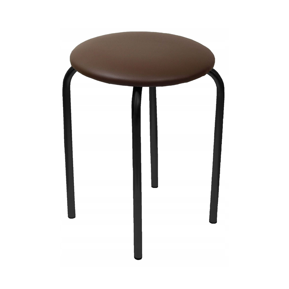 Taburet tapitat cu piele ecologica maro, picioare metalice negre, pentru bucatarie si dining, 49 cm,