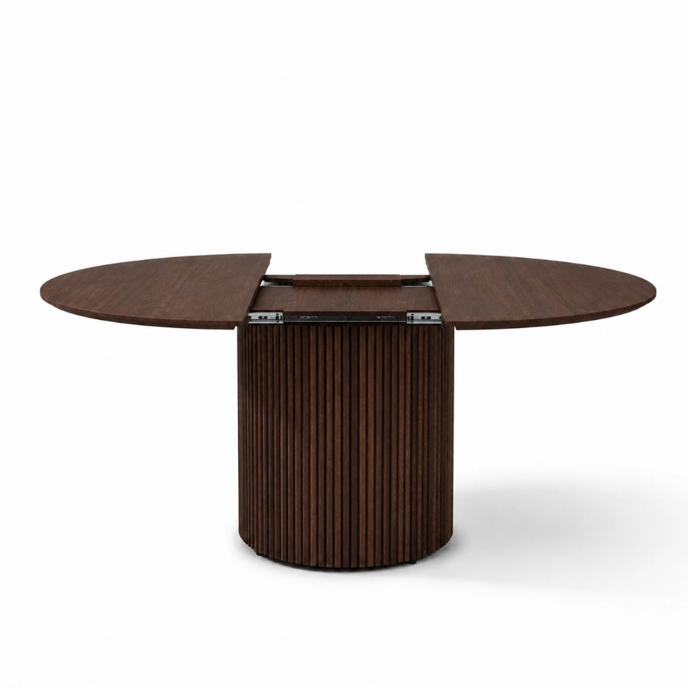 Masa rotunda extensibila din lemn masiv de stejar maro - 130 cm cu picior central rotund