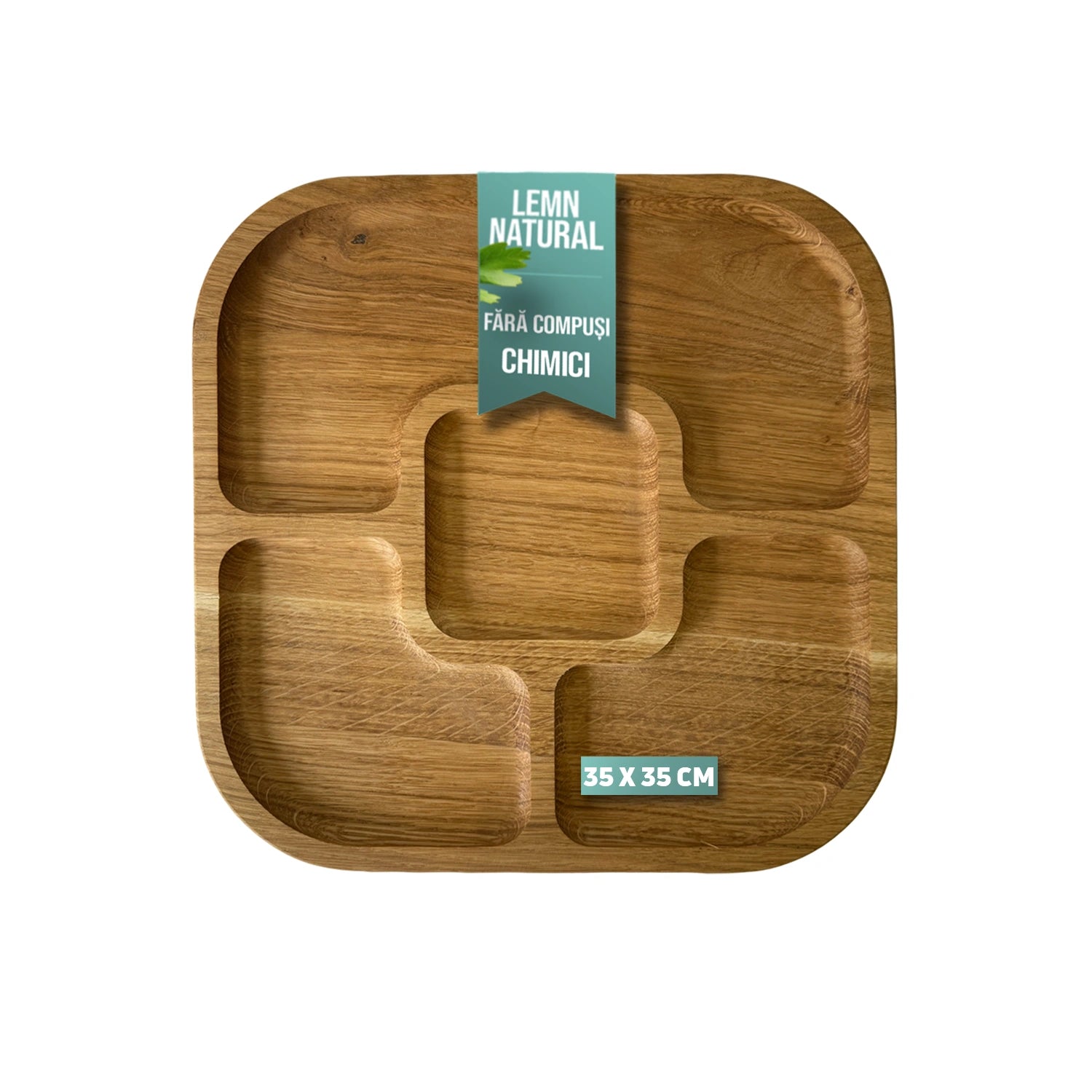 Suport servire patrat din lemn de stejar cu 5 compartimente – eleganta si versatilitate pentru orice masa