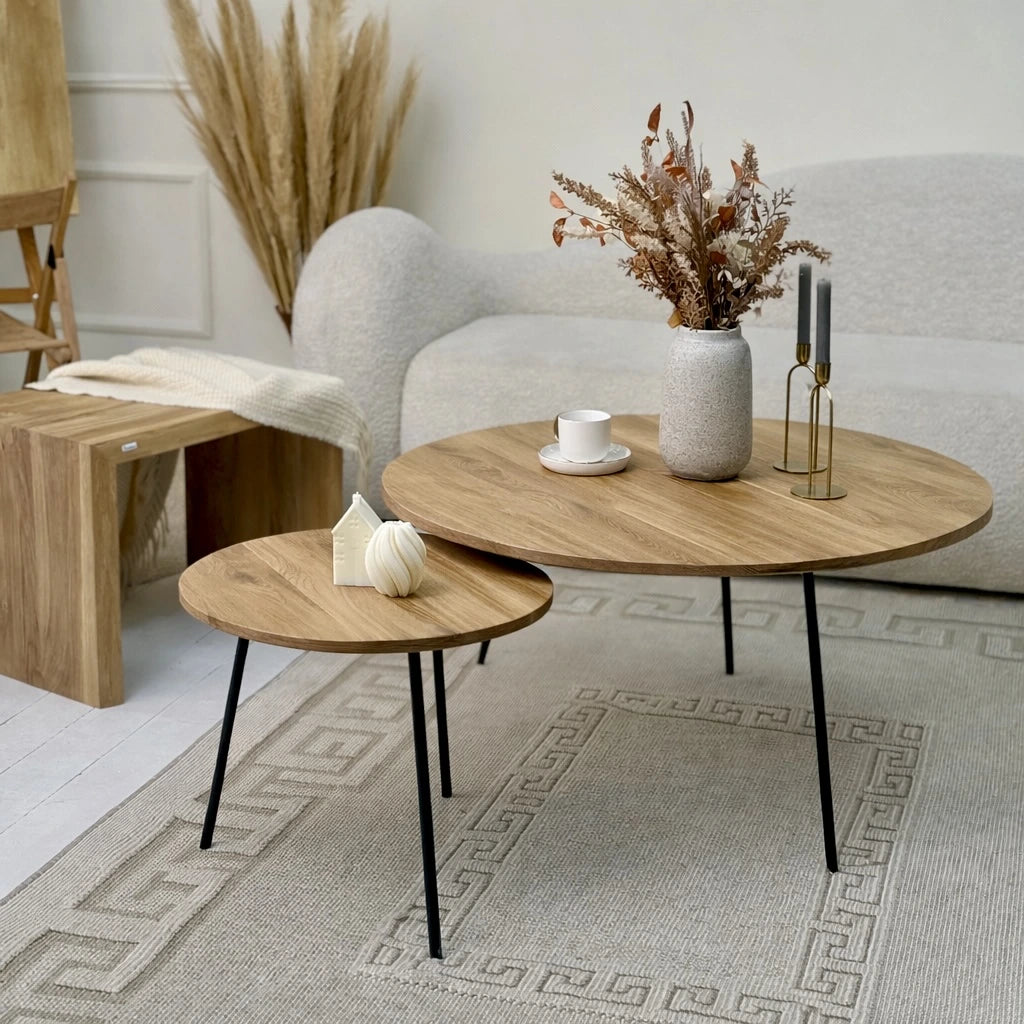 Set 2 Masute Cafea Rotunde Stejar Masiv – 50 cm si 90 cm – Design Modern, Rezistente, Montaj Rapid
