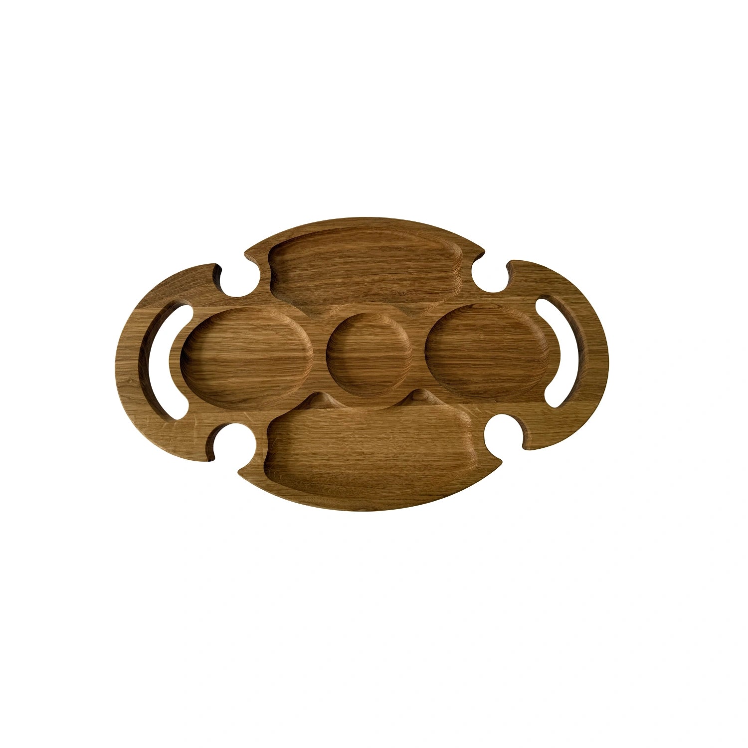 Platou Oval din Lemn de Stejar cu 5 Compartimente și Suport pentru Pahare – Servire Aperitive și Grătare cu Stil