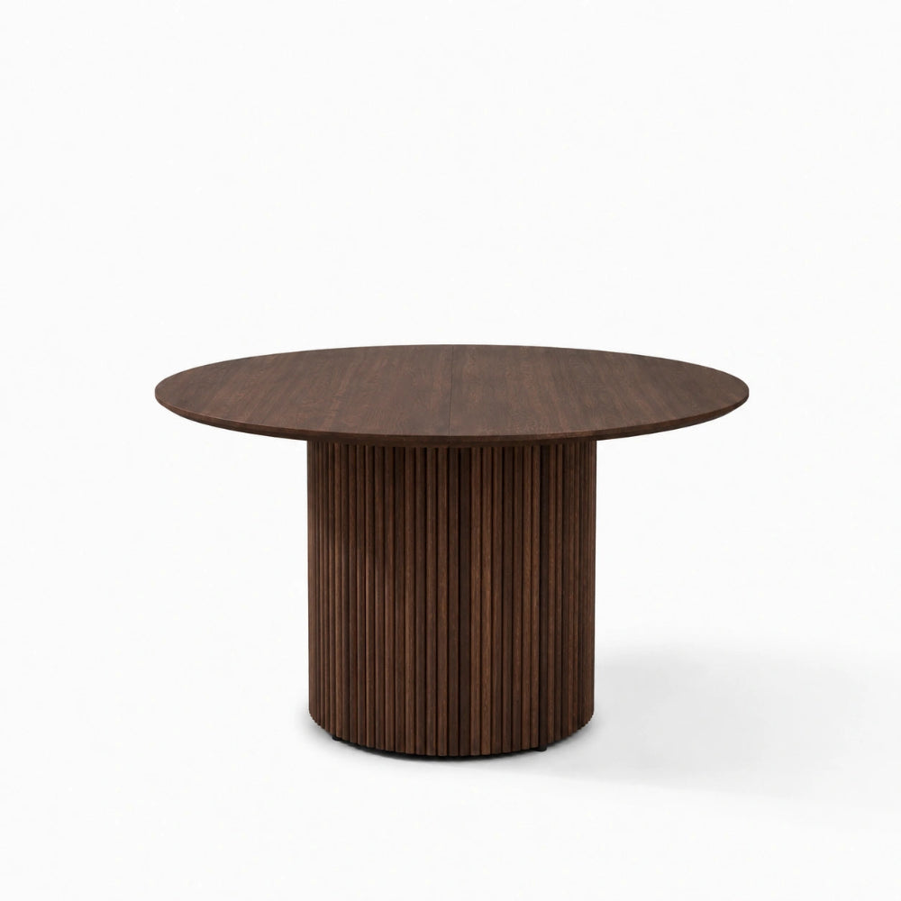Masa rotunda extensibila din lemn masiv de stejar maro - 130 cm cu picior central rotund
