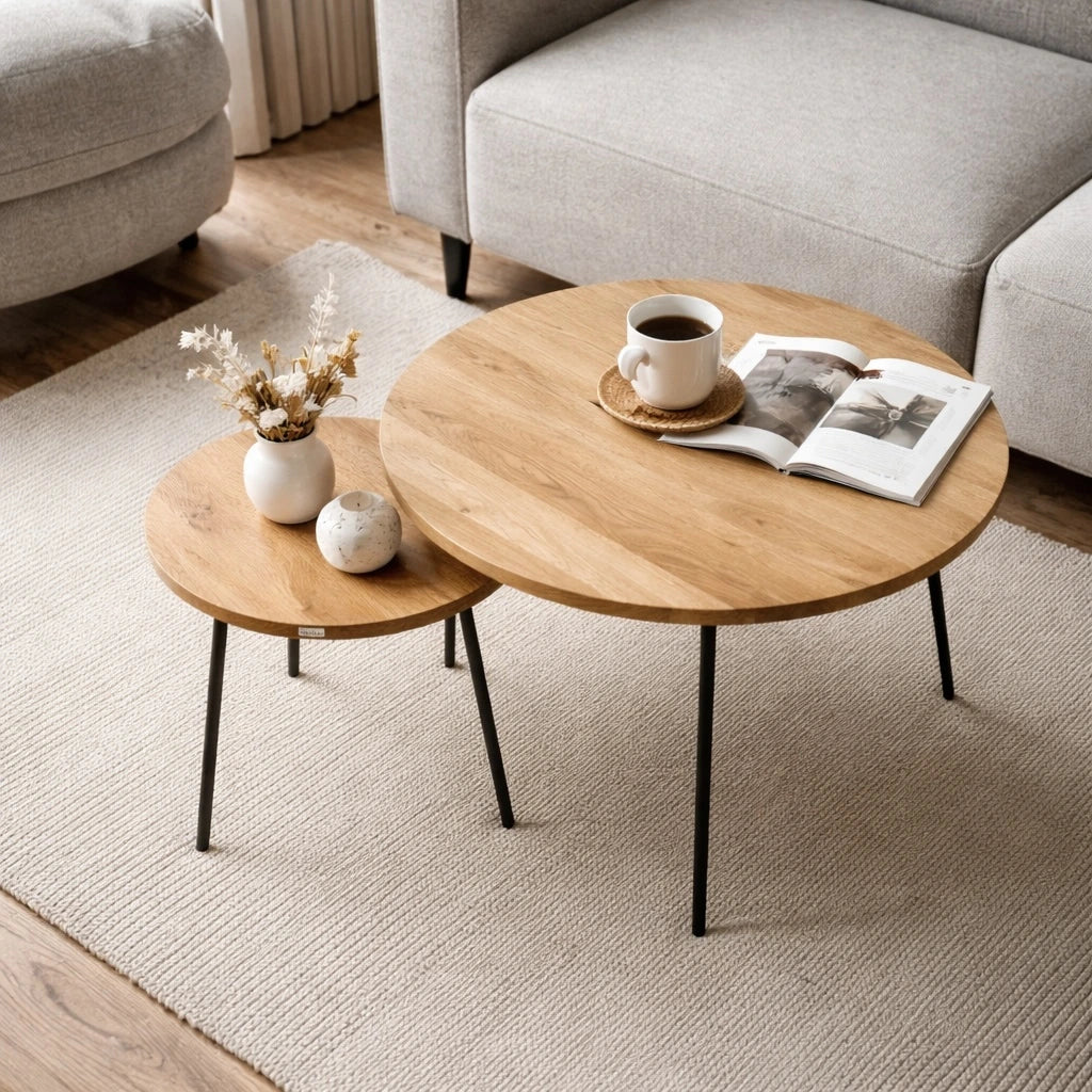 Set 2 Masute Cafea Rotunde Stejar Masiv – 50 cm si 90 cm – Design Modern, Rezistente, Montaj Rapid