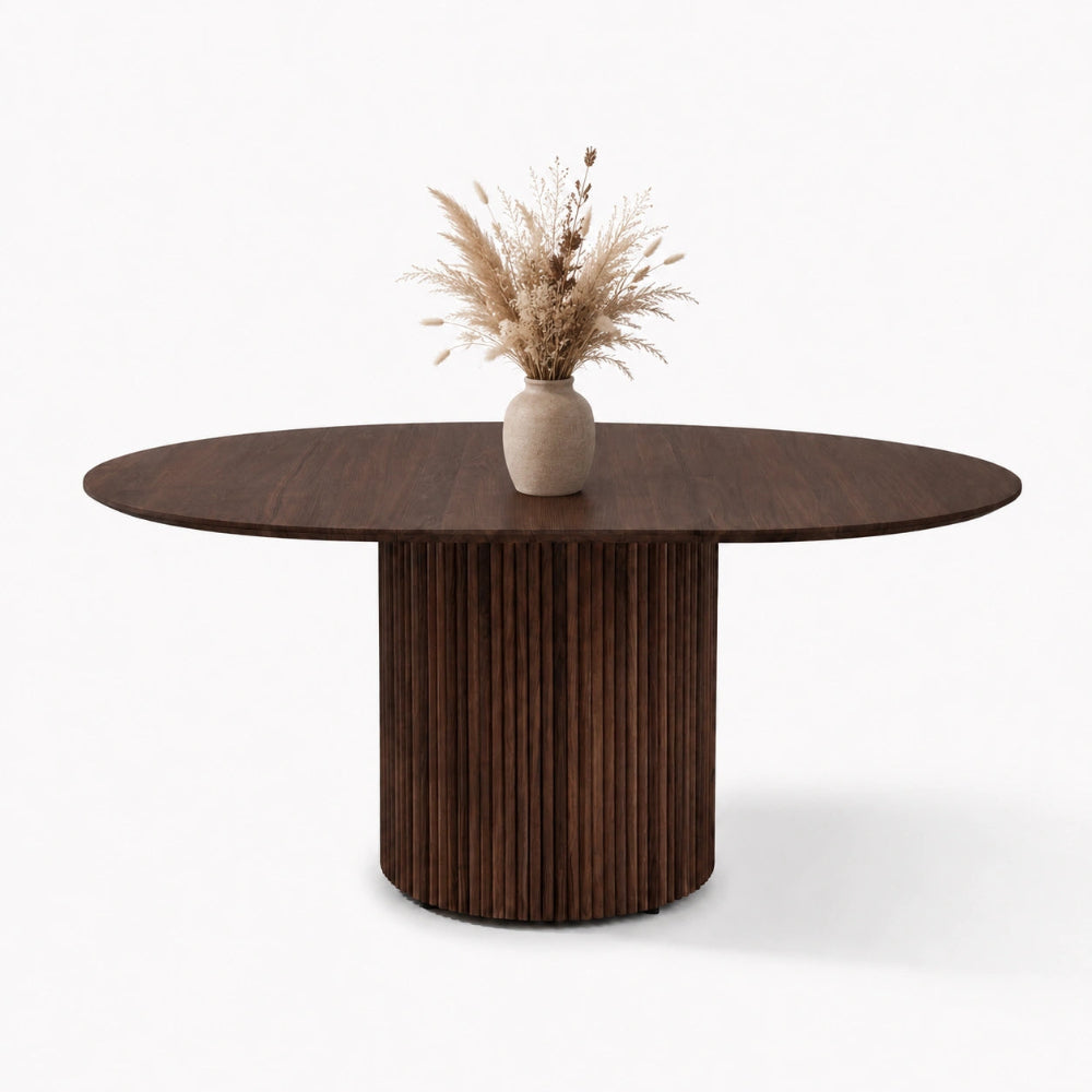 Masa rotunda extensibila din lemn masiv de stejar maro - 130 cm cu picior central rotund
