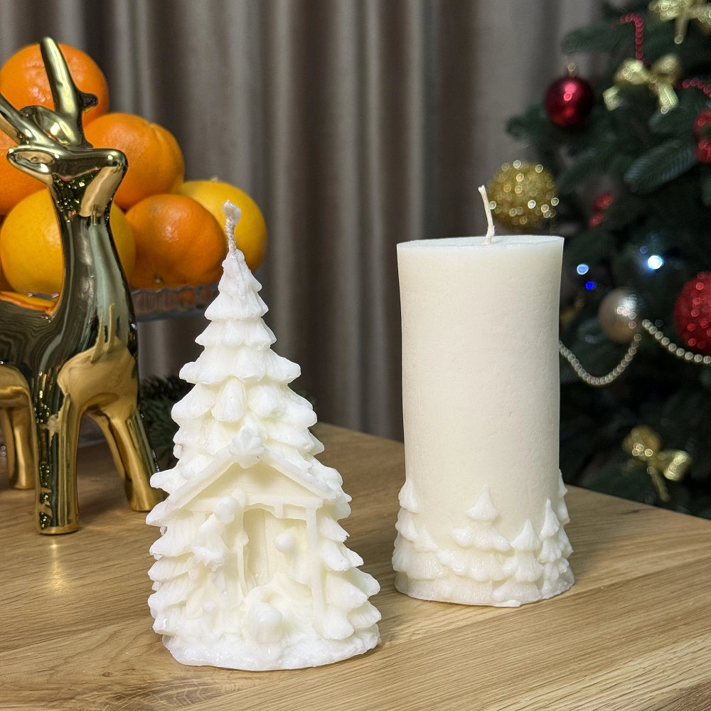 Set Premium Lumanari Craciun Handmade - Lumanare bradut cu scena nasterii domnului si lumanare cilindrica cu bradut)