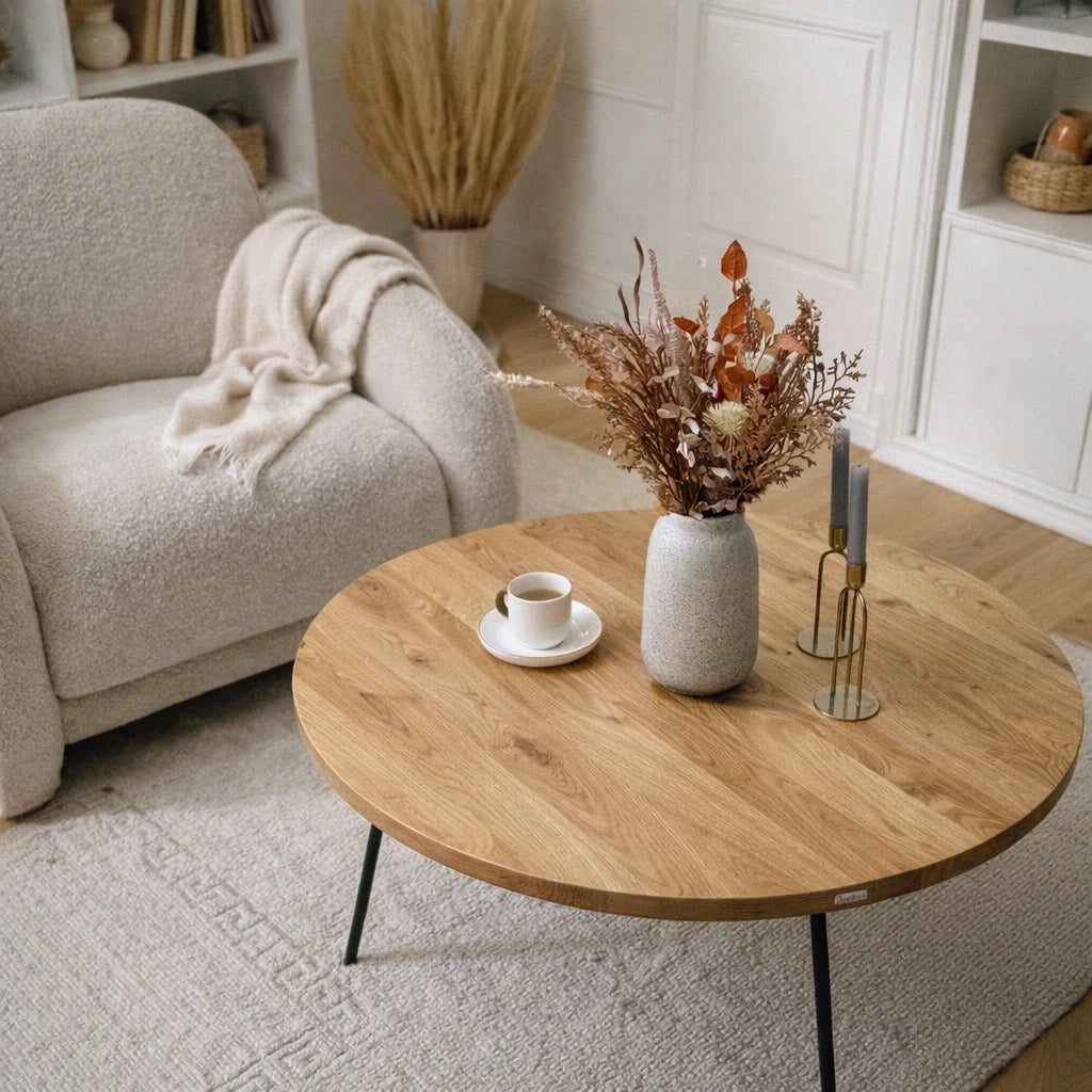 Masuta rotunda de cafea din stejar masiv diametru 90 cm – eleganta, spatioasa, gata de montaj