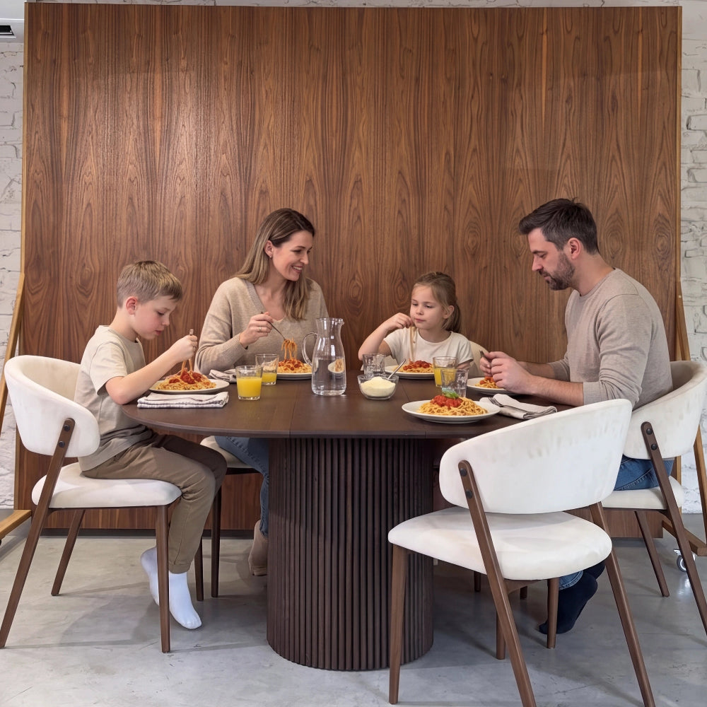 Masa rotunda extensibila din lemn masiv de stejar maro - 130 cm cu picior central rotund