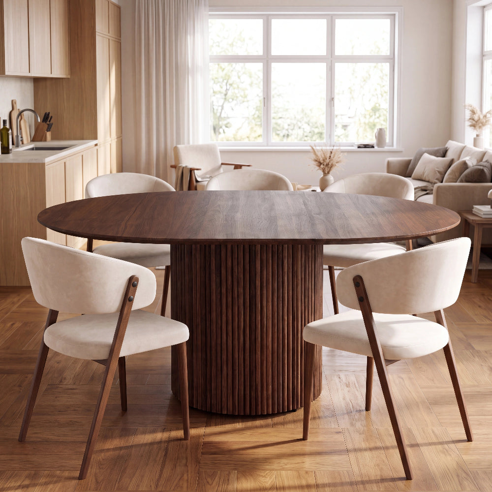 Masa rotunda extensibila din lemn masiv de stejar maro - 130 cm cu picior central rotund