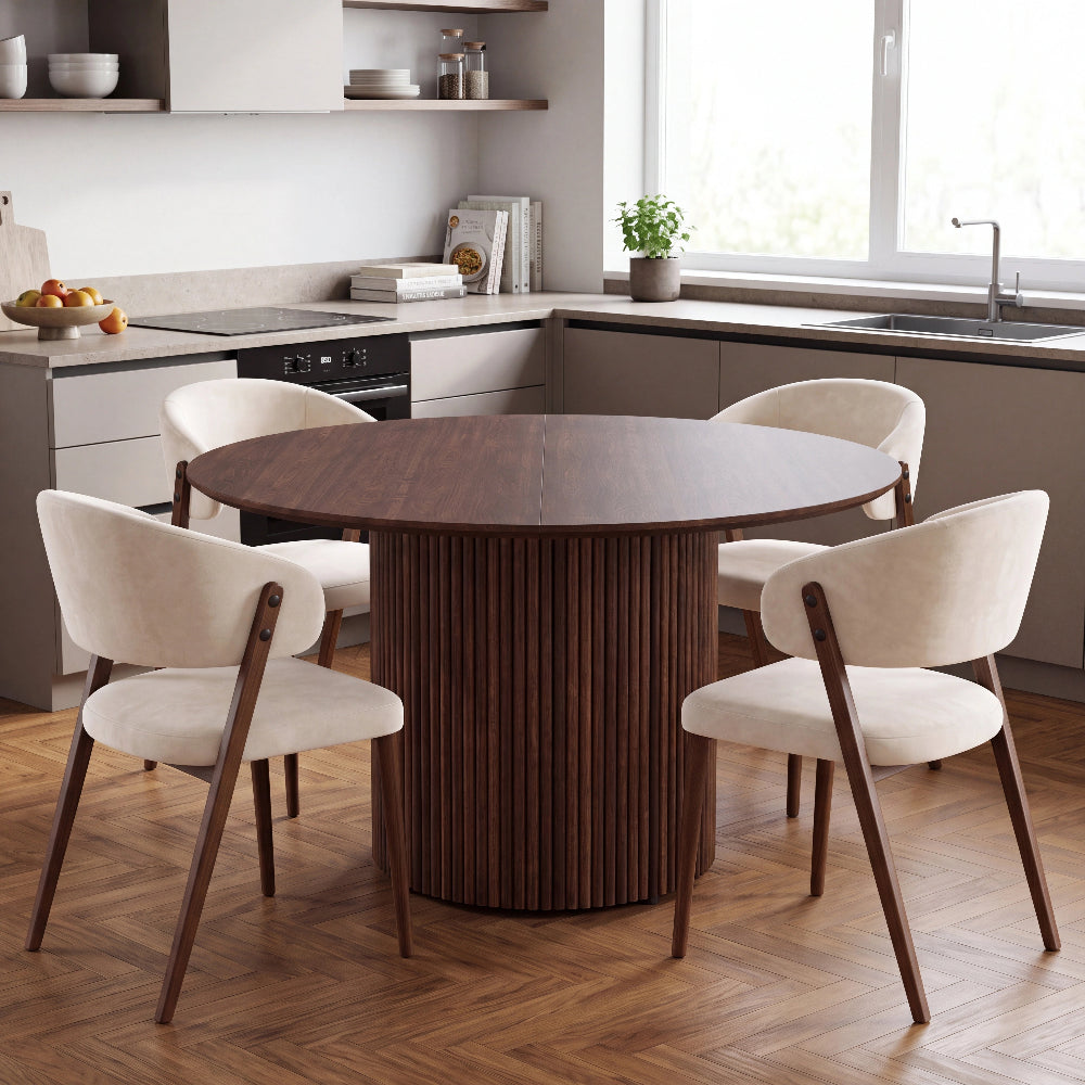 Masa rotunda extensibila din lemn masiv de stejar maro - 130 cm cu picior central rotund