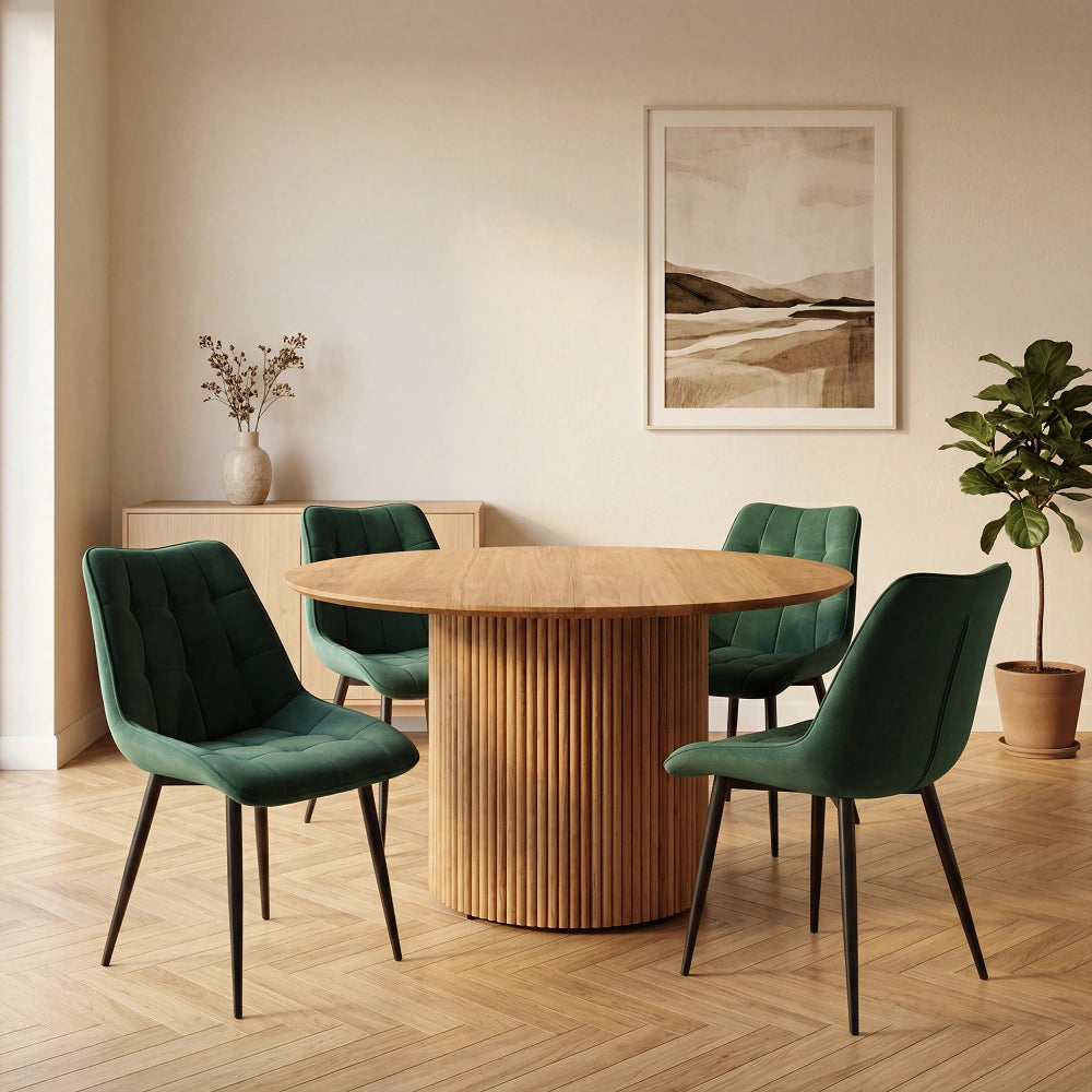 Masa rotunda extensibila din lemn masiv de stejar 115 cm cu picior central rotund
