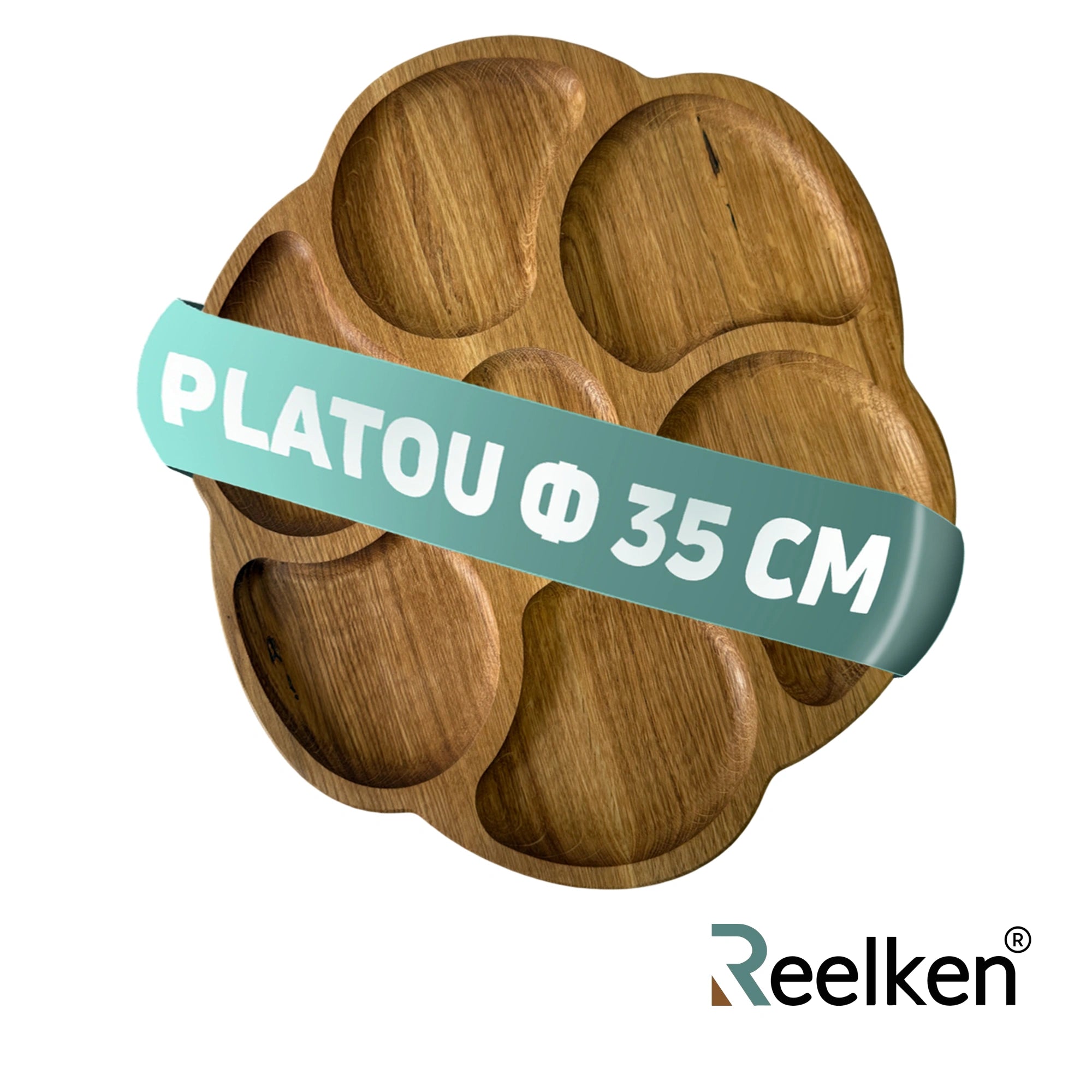 Platou cu 7 compartimente pentru servire branzeturi si gustari – din lemn de stejar 35 cm