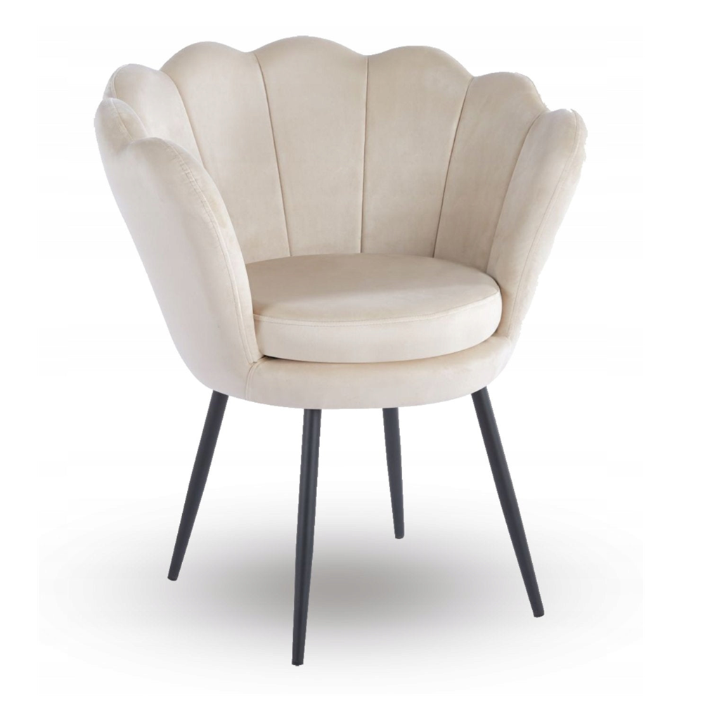 Fotoliu tapitat tip scoica din catifea bej, design modern Glamour, picioare metalice negre, 78x78 cm