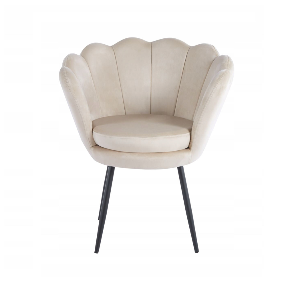 Fotoliu tapitat tip scoica din catifea bej, design modern Glamour, picioare metalice negre, 78x78 cm