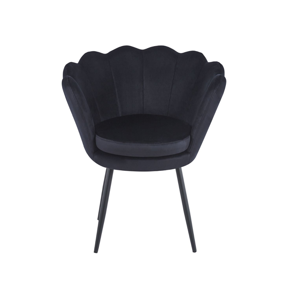 Fotoliu tapitat tip scoica din catifea negru, design modern Glamour, picioare metalice negre, 78x78 cm