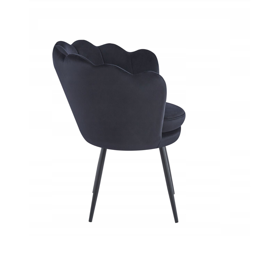 Fotoliu tapitat tip scoica din catifea negru, design modern Glamour, picioare metalice negre, 78x78 cm