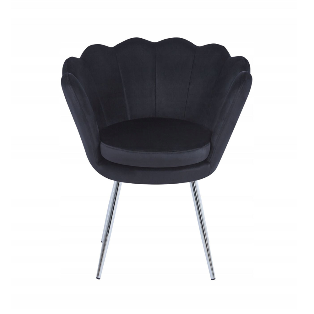 Fotoliu tapitat din catifea neagra, stil glamour modern, picioare metalice crom argintiu
