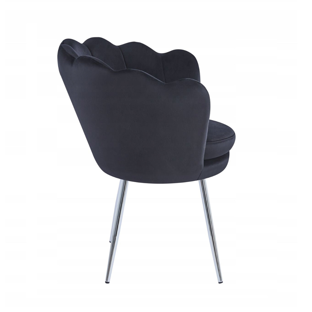 Fotoliu tapitat din catifea neagra, stil glamour modern, picioare metalice crom argintiu