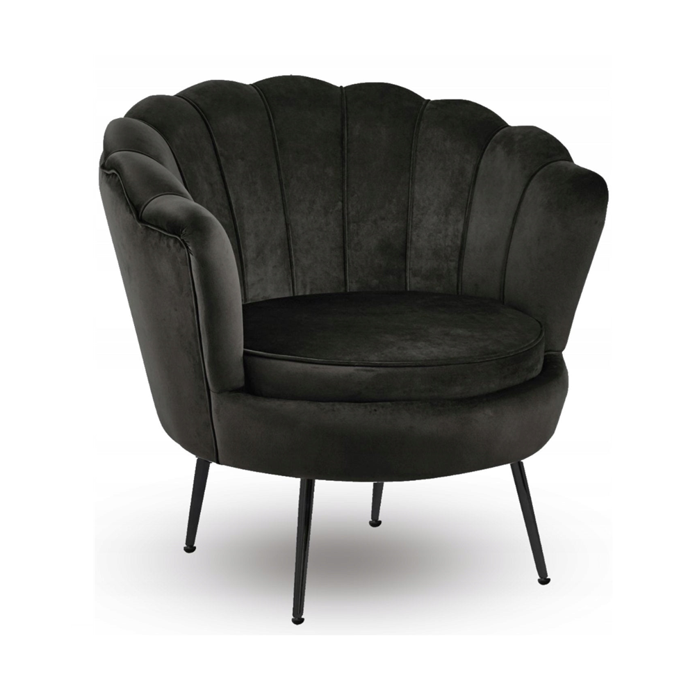 Fotoliu tapitat tip scoica din catifea negru, design modern Glamour, picioare metalice negre, 78x78 cm