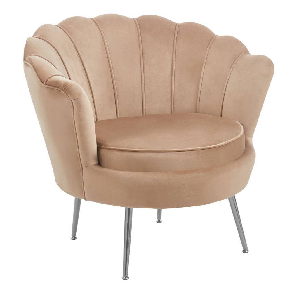 Fotoliu tip scoica, tapiterie catifea velvet cappucino, picioare metal cromate argintii, 78x78 cm - Reelken