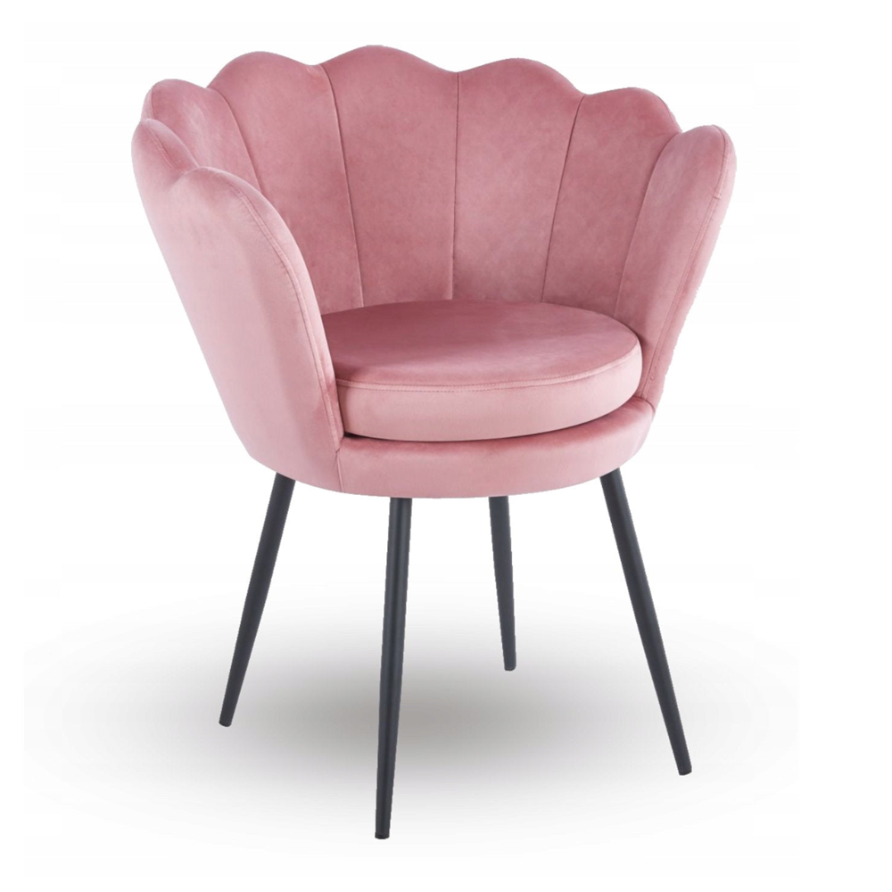 Fotoliu tapitat tip scoica din catifea roz, design modern Glamour, picioare metalice negre, 78x78 cm