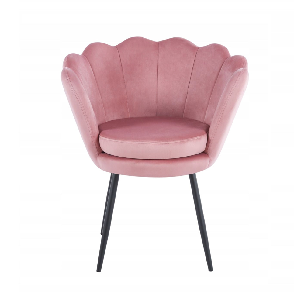 Fotoliu tapitat tip scoica din catifea roz, design modern Glamour, picioare metalice negre, 78x78 cm
