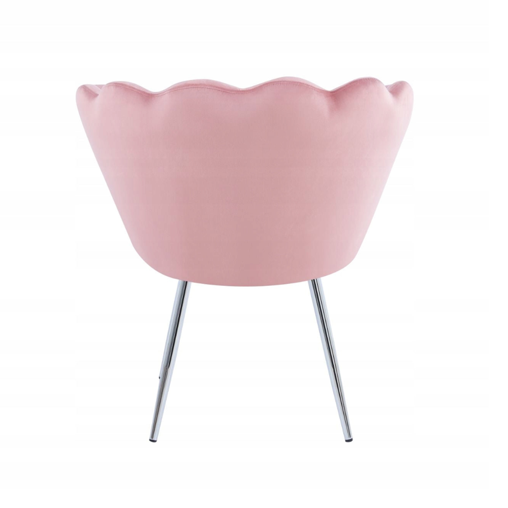 Fotoliu tapitat din catifea roz, stil glamour modern, picioare metalice crom argintiu