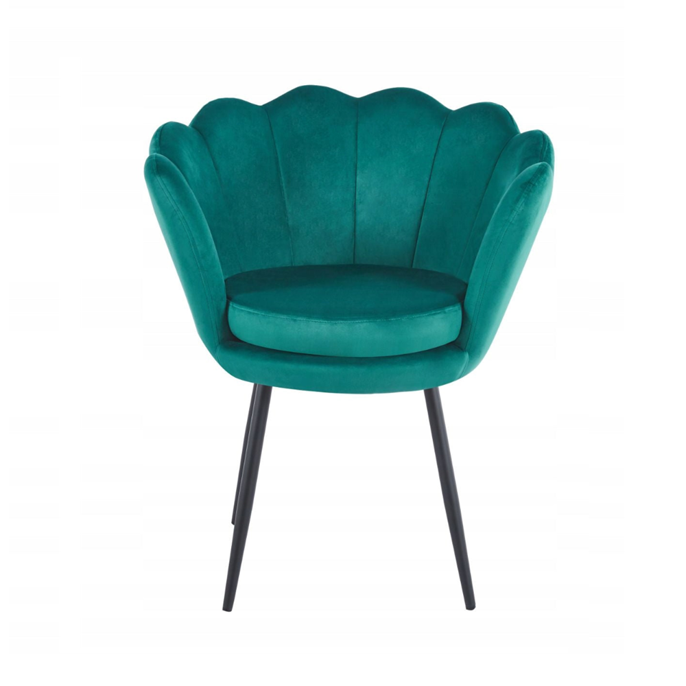Fotoliu tapitat tip scoica din catifea verde, design modern Glamour, picioare metalice negre, 78x78 cm