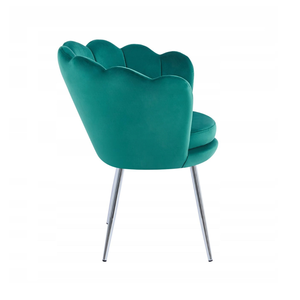 Fotoliu tapitat din catifea verde, stil glamour modern, picioare metalice crom argintiu