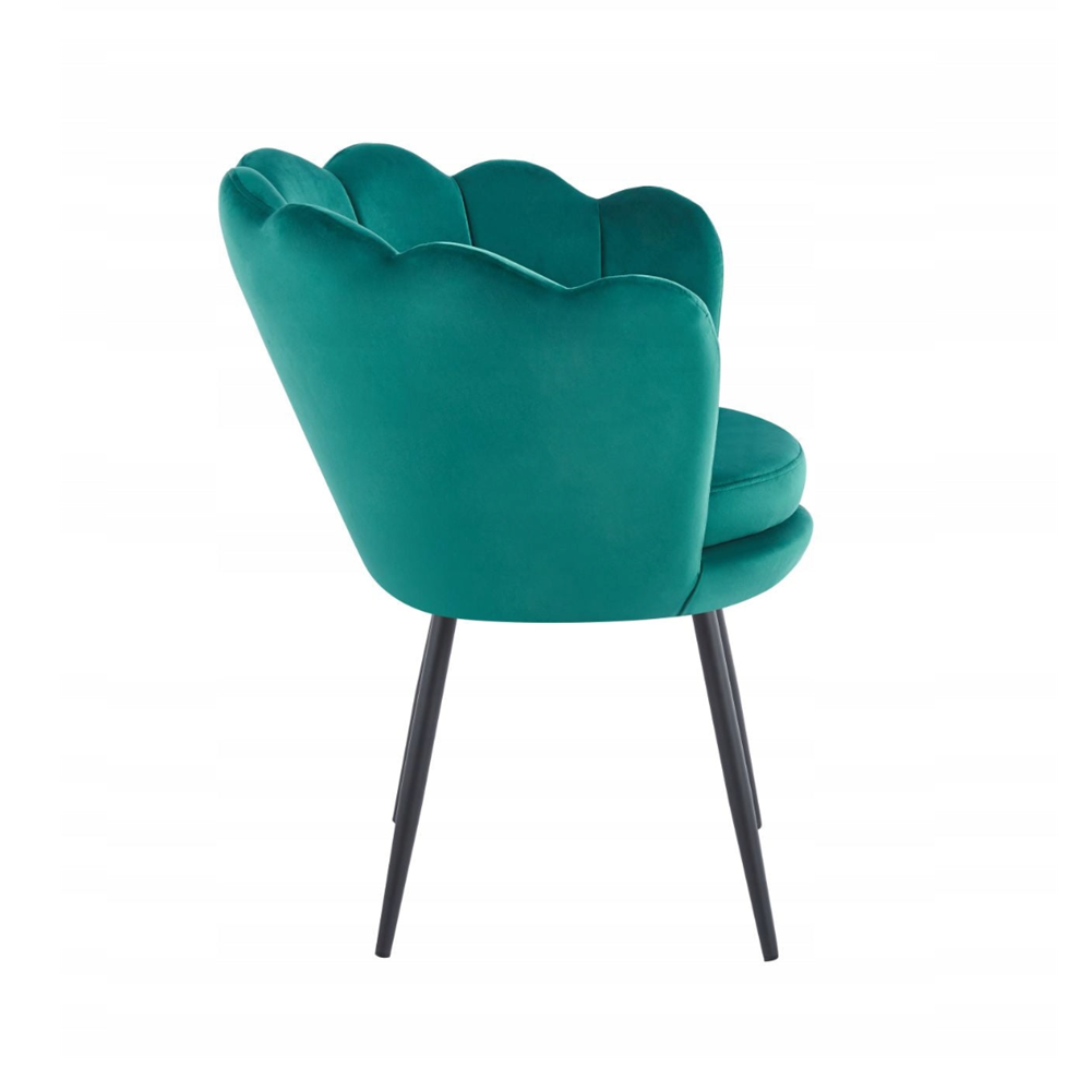 Fotoliu tapitat tip scoica din catifea verde, design modern Glamour, picioare metalice negre, 78x78 cm