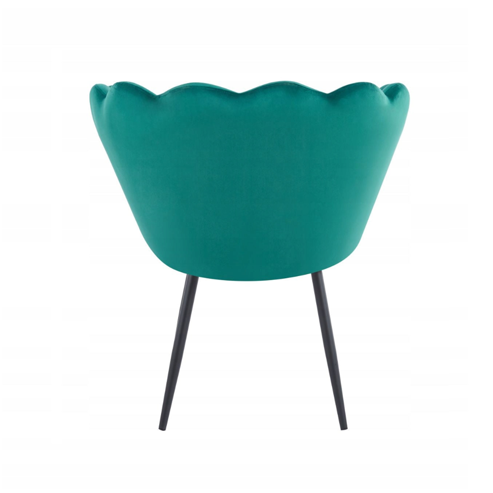 Fotoliu tapitat tip scoica din catifea verde, design modern Glamour, picioare metalice negre, 78x78 cm