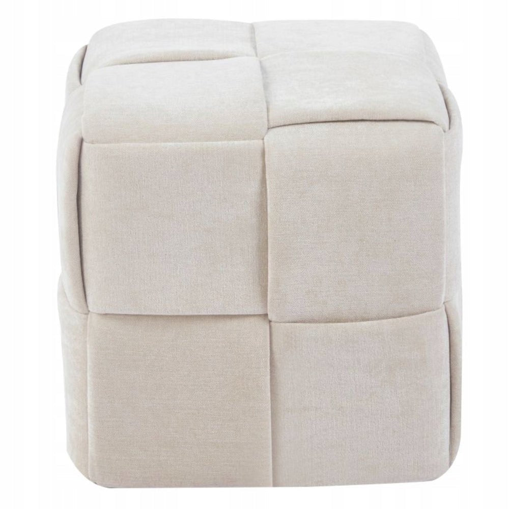 Puf tapitat bej, patrat, cusaturi geometrice, suport pentru picioare si scaun auxiliar, 38x38x38 cm - Reelken