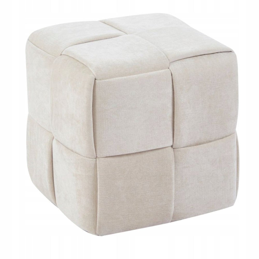 Puf tapitat bej, patrat, cusaturi geometrice, suport pentru picioare si scaun auxiliar, 38x38x38 cm - Reelken