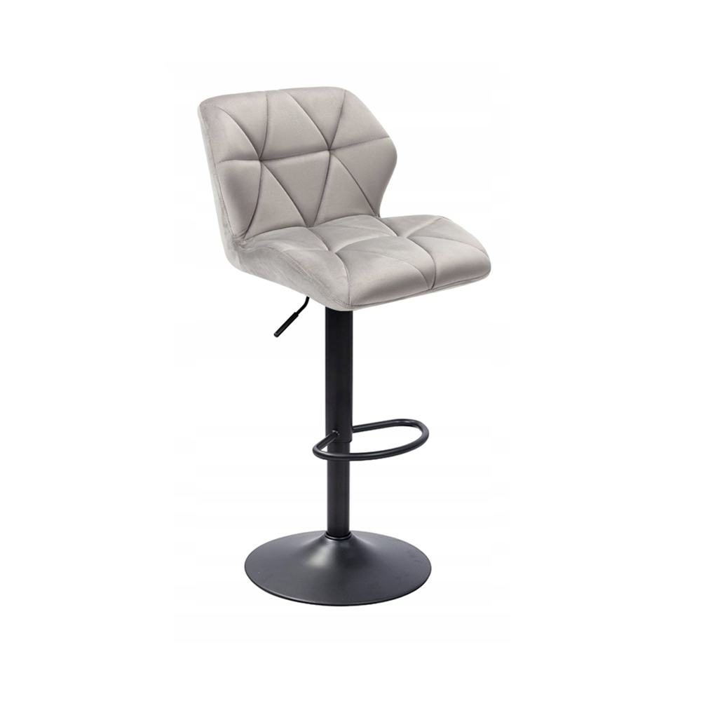 Scaun de bar reglabil cu spatar, catifea gri, baza metalica vopsita electrostatic, pentru bucatarie si insula bar, sezut 60–82 cm