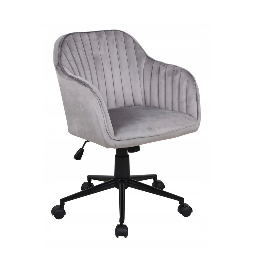 Scaun de birou rotativ, catifea velvet gri, inaltime reglabila, pe roti, baza metalica neagra, 76–82 cm