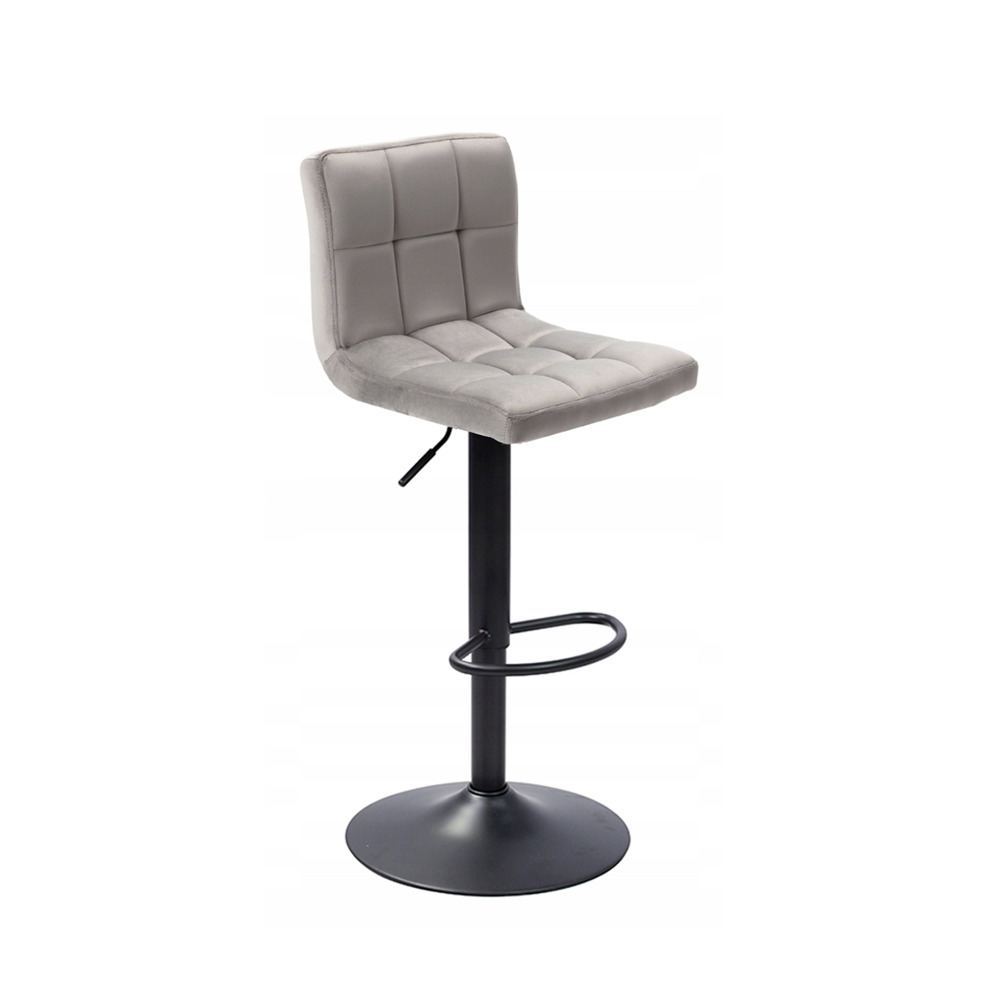 Scaun tip bar, tapitat cu catifea gri, structură din otel vopsit electrostatic, inaltime reglabila sezut 64–84 cm