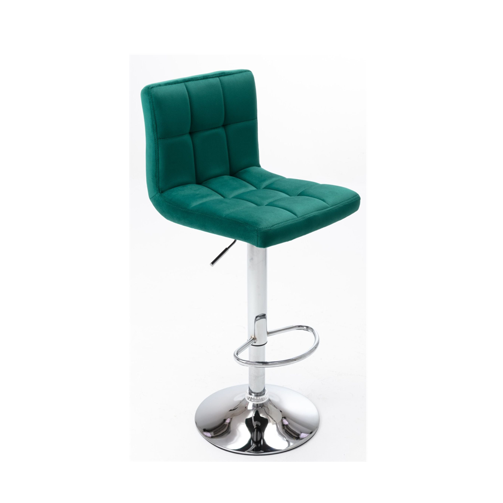 Scaun de bar (hoker) reglabil, catifea verde, rotativ 360°, baza metalica cromata antiderapanta, cu suport pentru picioare, inaltime sezut 64–84 cm
