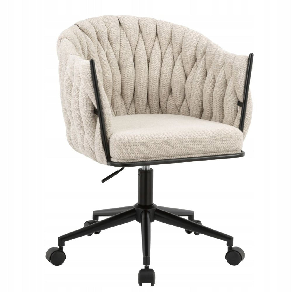 Scaun birou rotativ bej, tapitat, cu cotiere, reglaj pe inaltime, roti, baza metalica neagra - Reelken