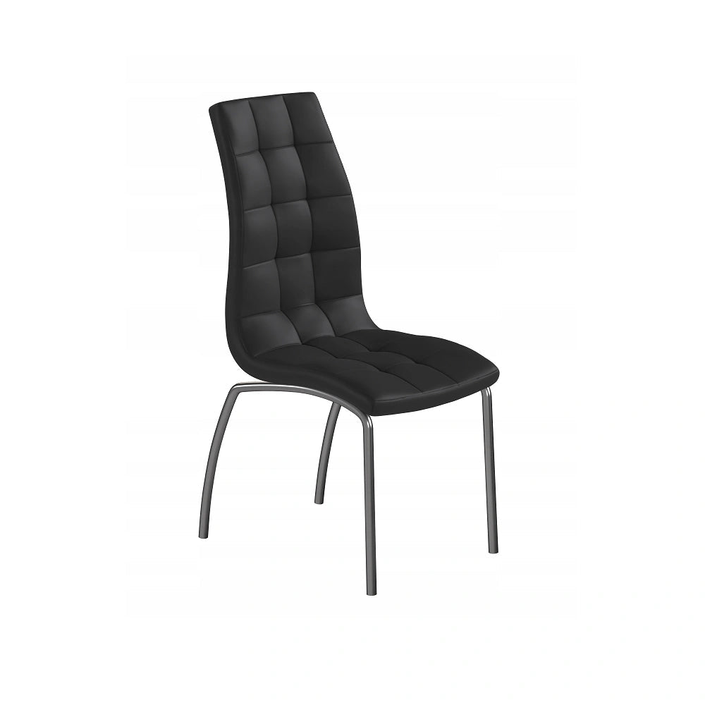 Scaun dining, piele ecologică neagră matlasată, spătar înalt, picioare metal cromat, H 102 cm - Reelken