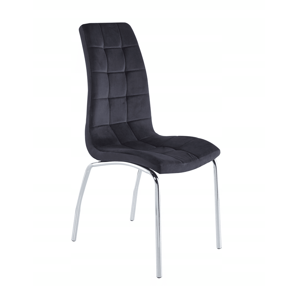 Scaun tapițat, catifea neagră matlasată, picioare metal cromat lucios, pentru dining/living, H 102 cm - Reelken