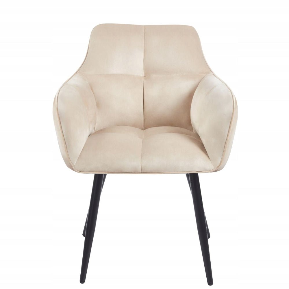 Scaun tapitat cu catifea, culoare bej, cu cotiere si spatar matlasat, stil modern/glamou, picioare metalice negre, 85 cm, - Reelken