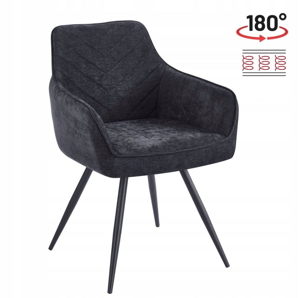 Scaun tapitat din catifea neagra, pivotant 180° cu Auto-Return, sezut cu arcuri pocket, picioare metalice negre, pentru dining/living - Reelken