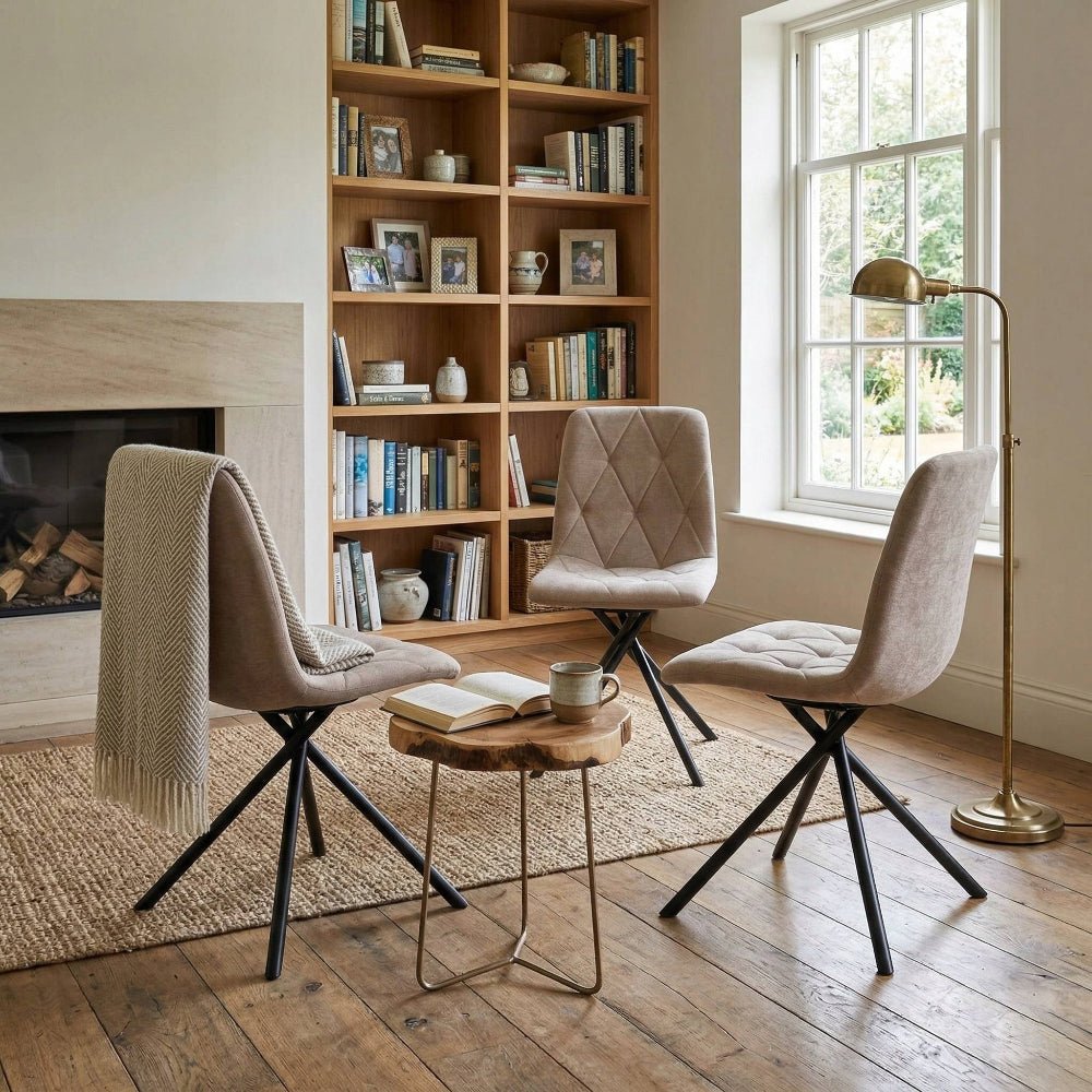 Scaun tapitat rotativ 360°, tesatura cappucino, picioare metalice tip cruce, pentru living si dining, 88 cm - Reelken