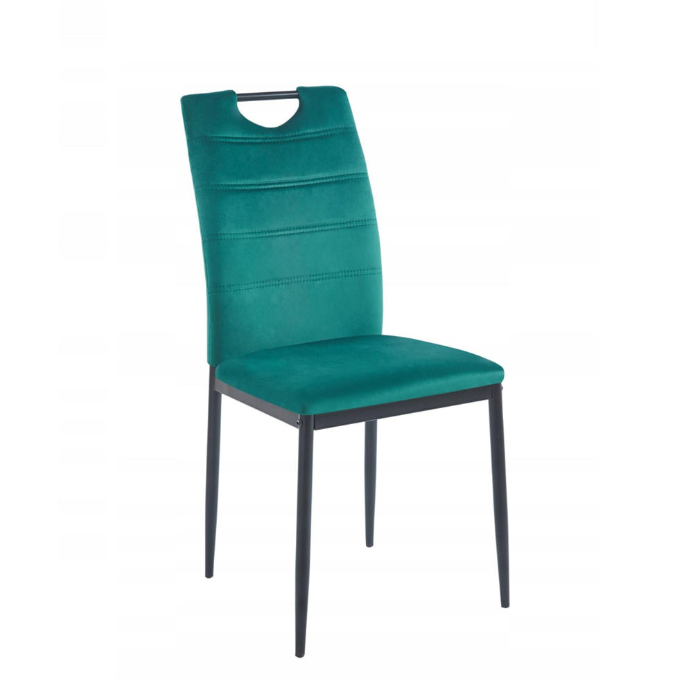 Scaun tapitat, catifea verde, picioare metalice negre, stil loft, cu maner pe spatar, pentru bucatarie/sufragerie/birou, 92 cm