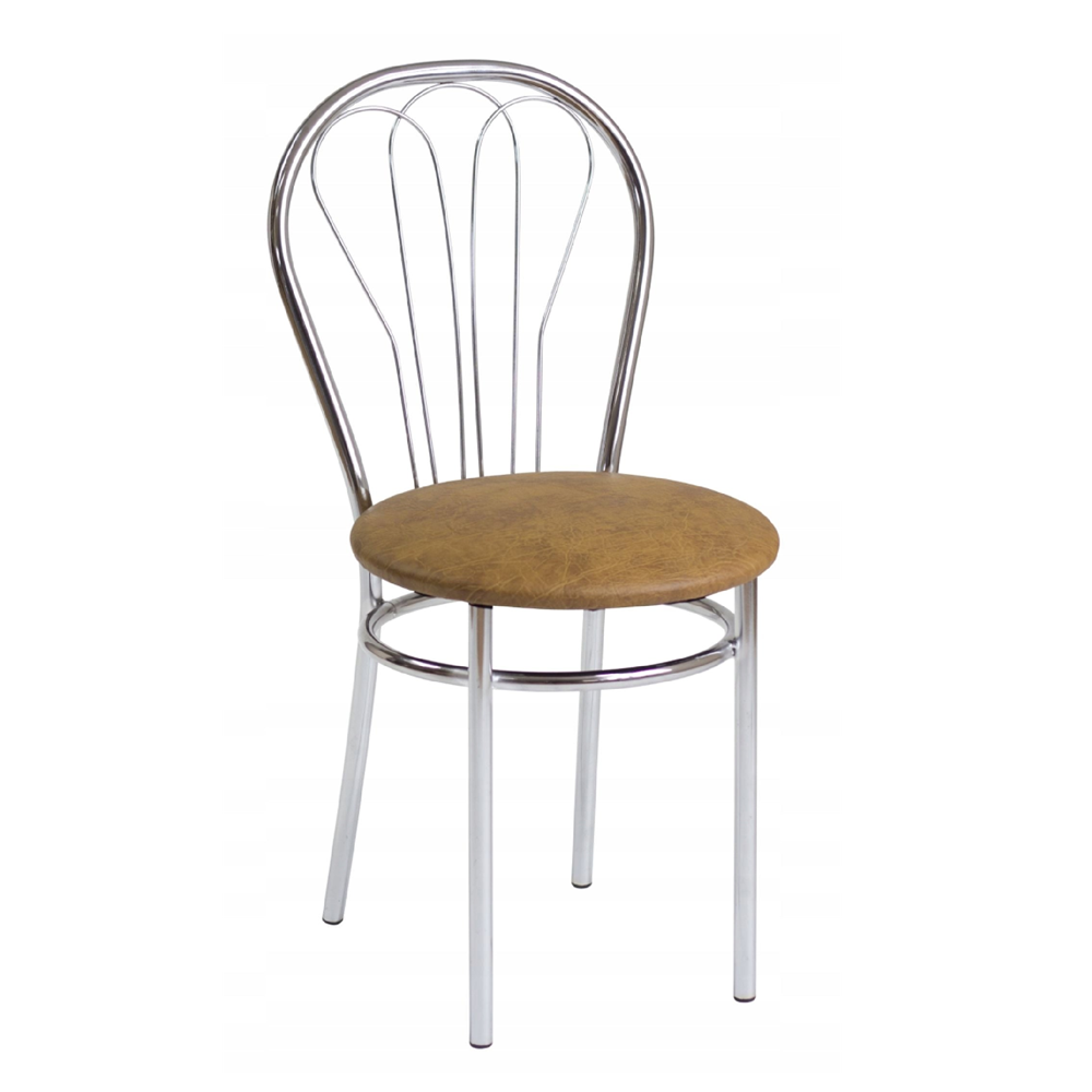 Scaun de bucatarie Venus Tip Lalea, cadru metal cromat, sezut din piele ecologica, culoare nuc, 87 cm