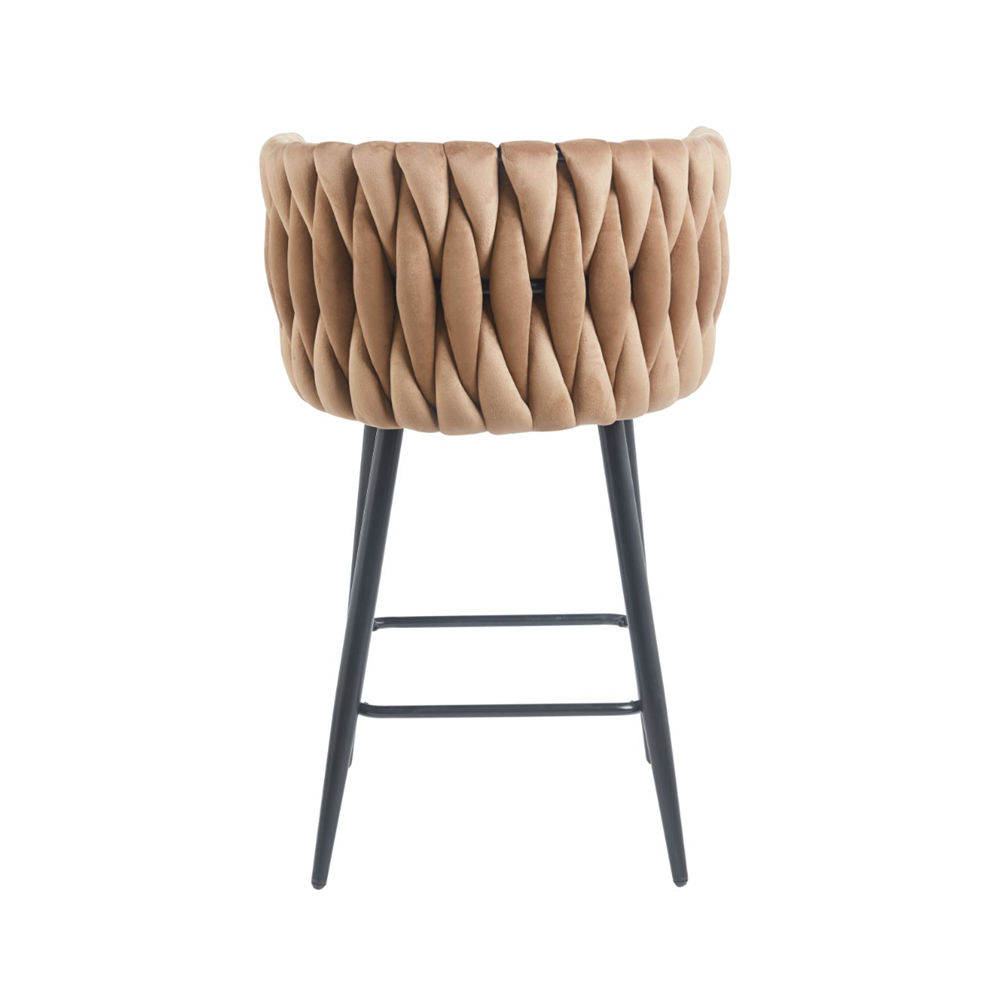 Scaun de bar (hoker), catifea/velur cappucino, spatar impletit, cadru metalic negru, 64 cm