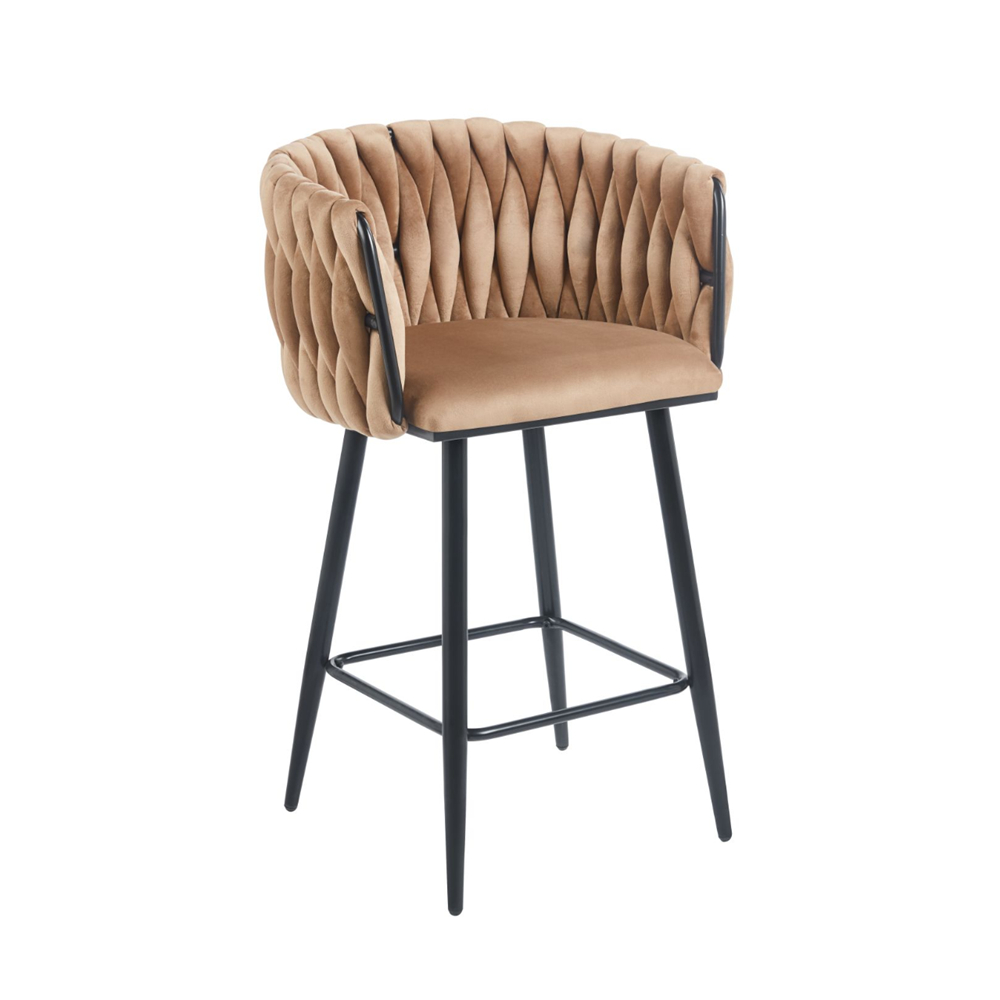 Scaun de bar (hoker), catifea/velur cappucino, spatar impletit, cadru metalic negru, 64 cm
